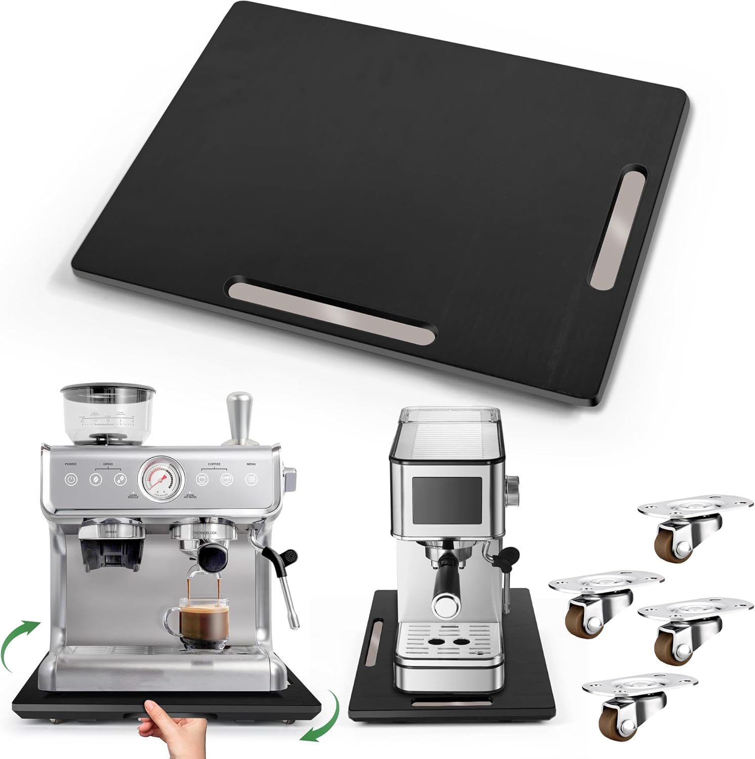 Joy&Grace Appliance Slider for Kitchen Appliances 360° Rolling Sliding Tray for Coffee Maker Countertop, Bamboo Coffee Pot Slider Rolling Tray with Universal Rollers (Black, Large 16″x13″)