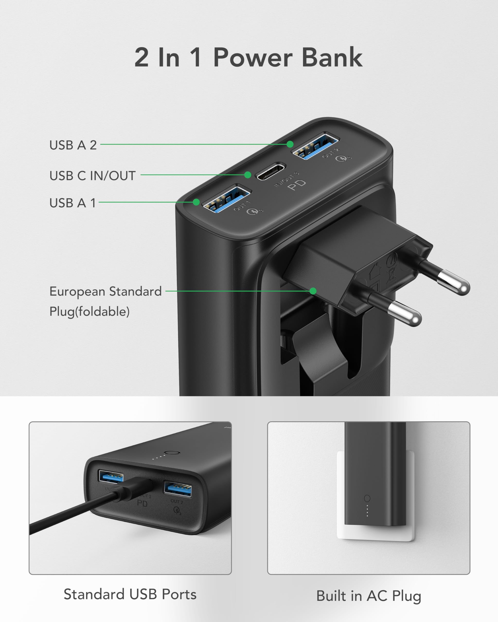 Charmast Power Bank Sottile 10400mAh USB C Powerbank Slim con LED Display Caricatore Portatile con 3 uscite & 2 Ingressi per Smartphone