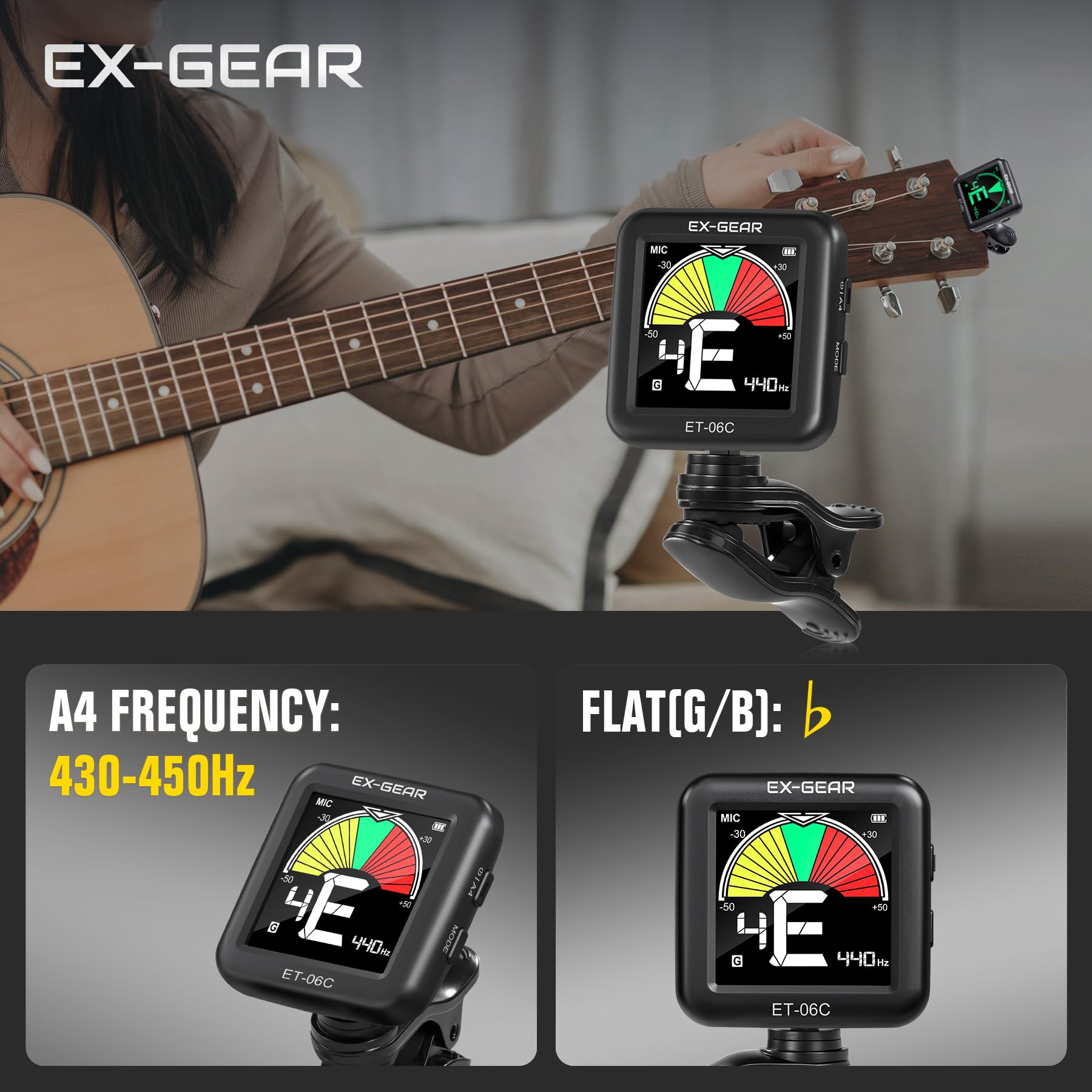 Afinador de guitarra profesional con clip, giratorio de 360° recargable, afinador de guitarra acústica con pantalla LCD grande, afinación rápida y precisa para guitarra, violín, bajo, ukelele