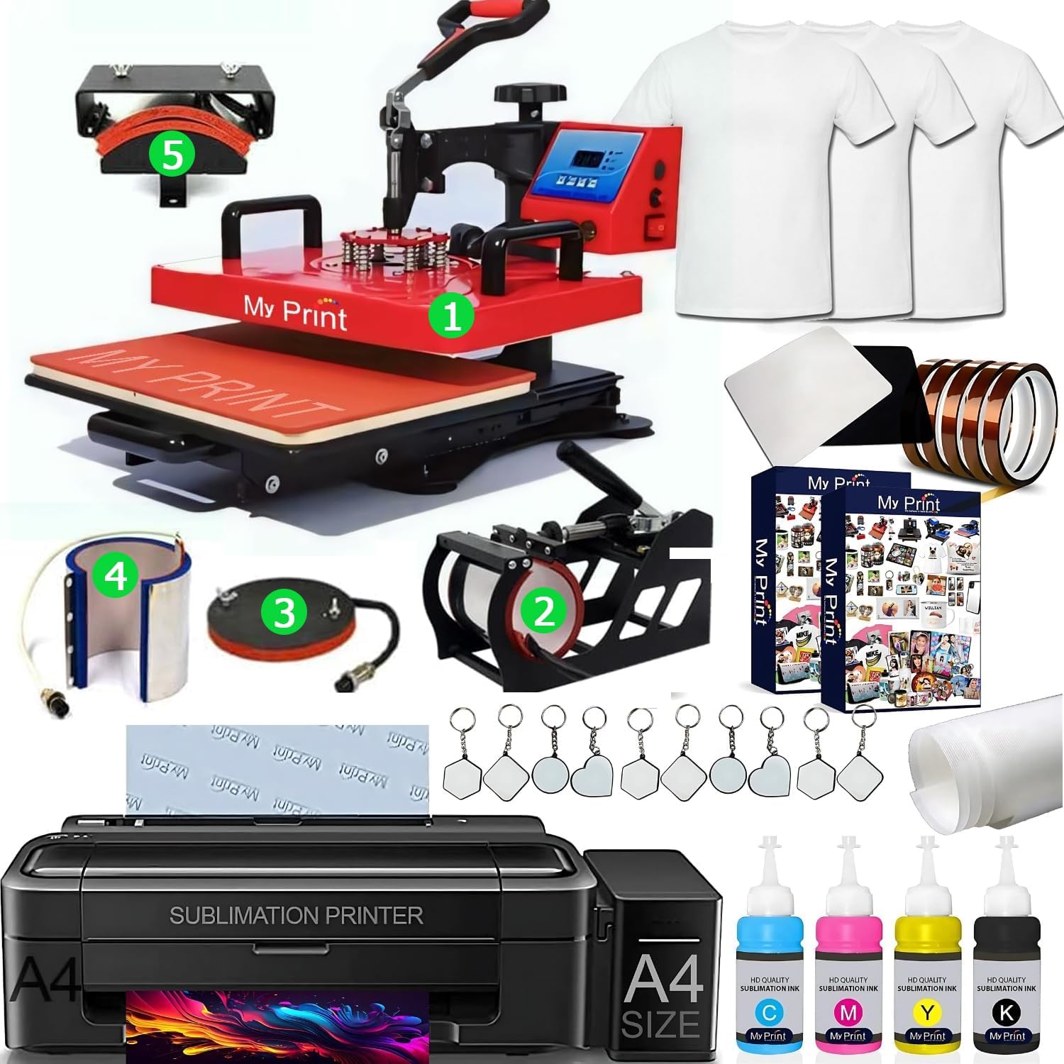 MY PRINT | Complete Setup Sublimation Printing | Heat Press Combo 5 in 1 | Printer L130 with Sublimation Ink | Sublimation Paper 200 Pcs | for Business Supplies (with Slider Machine Sublimation Setup)