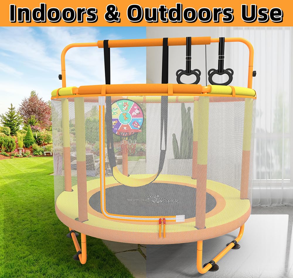 CZCPAPY trampolina dziecięca, trampolina dla dzieci, do użytku wewnątrz i na zewnątrz, z siatką bezpieczeństwa, koszem, drążkami, huśtawkami, prezent dla dzieci (żółto-pomarańczowa)