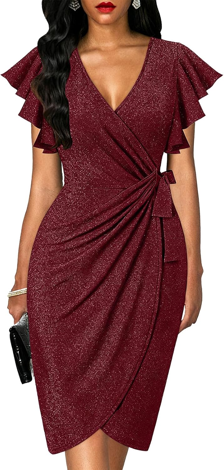 oten Womens Deep V Neck Ruffle Sleeve Sheath Casual Cocktail Party Work Faux Wrap Dress