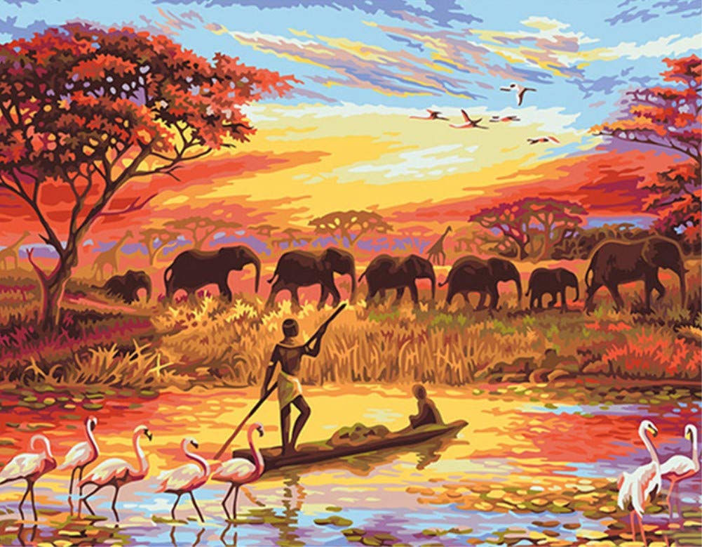 ABEUTY DIY Paint by Numbers for Adults Beginner - Fisherman Elephant Herd 16x20 inches Number Painting (No Frame)