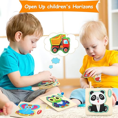 Miniatura 4 de Zhanmai Paquete de 15 rompecabezas de madera para niños pequeños de 1, 2 y 3 años, rompecabezas de vehículos de animales, rompecabezas educativos