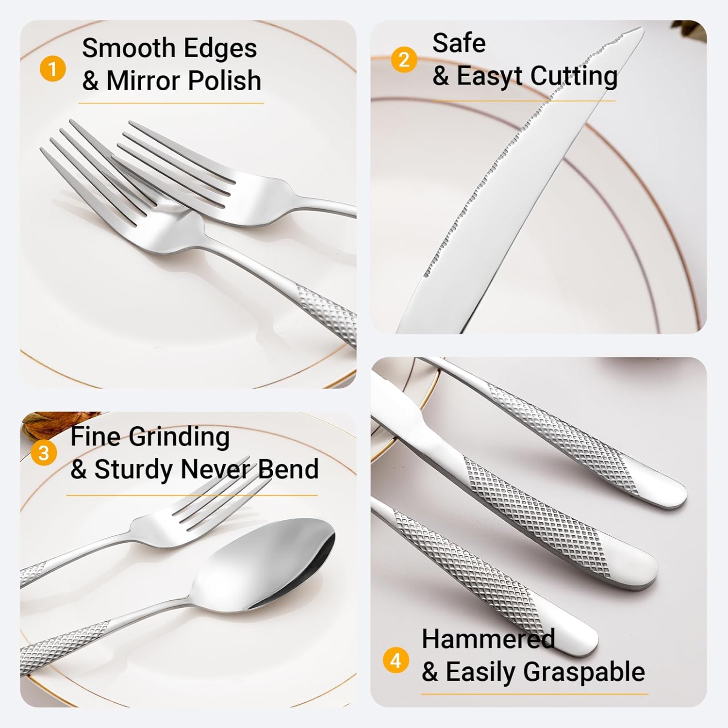 Hammered Stainless Steel Silverware Set, 24-Piece Flatware Set for 4, Mirror Polished Cutlery Set, Ergonomic Non-Slip Grip, Dishwasher Safe, Modern Tableware for Home & Restaurant(Silver)