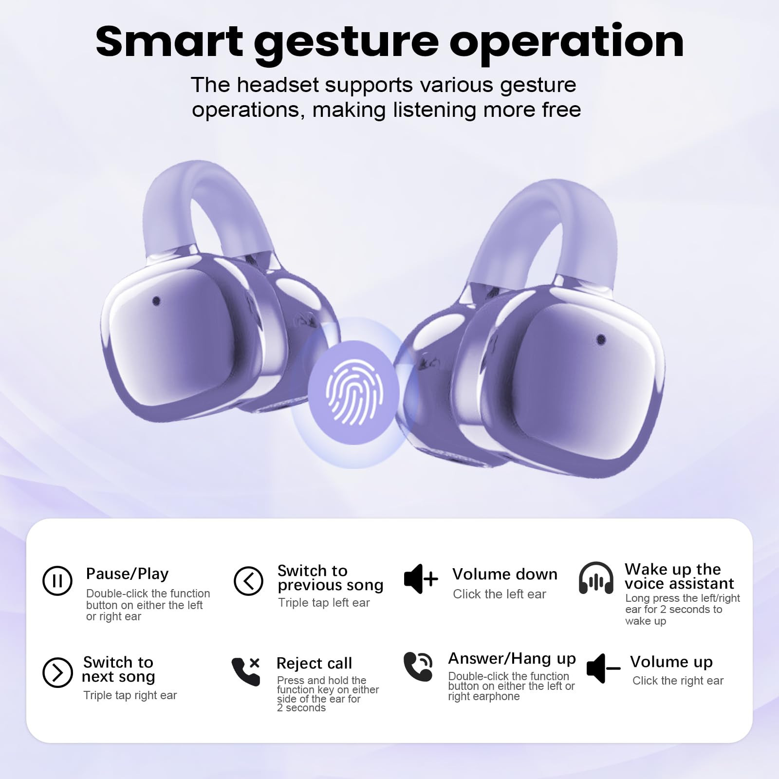 PTHTECHUS Cuffie Auricolari Aperte, Touchscreen Intelligente Auricolare Con Clip, Cuffia Traduzione, 3.7g Ultraleggero Comfort, 65 ore di Riproduzione, Auricolari Open Ear Bluetooth 5.4 (VIOLA)