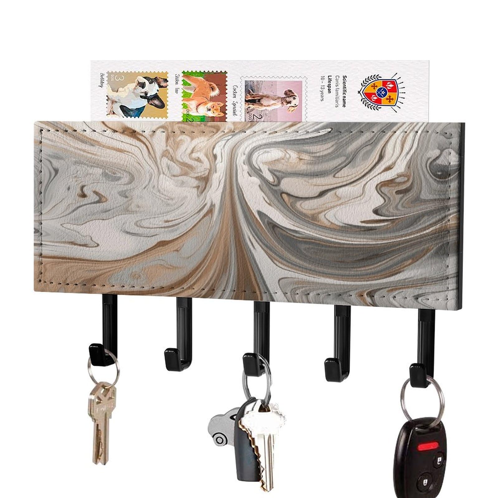 FekiLoot Marble Background Key Holder Wall Mount Key Hanger with 5 Hooks Decorative Key Rack Hanging Key Hooks with Mail Organizer Key Holder for Wall Living Room Kitchen Bathroom Hallway Black