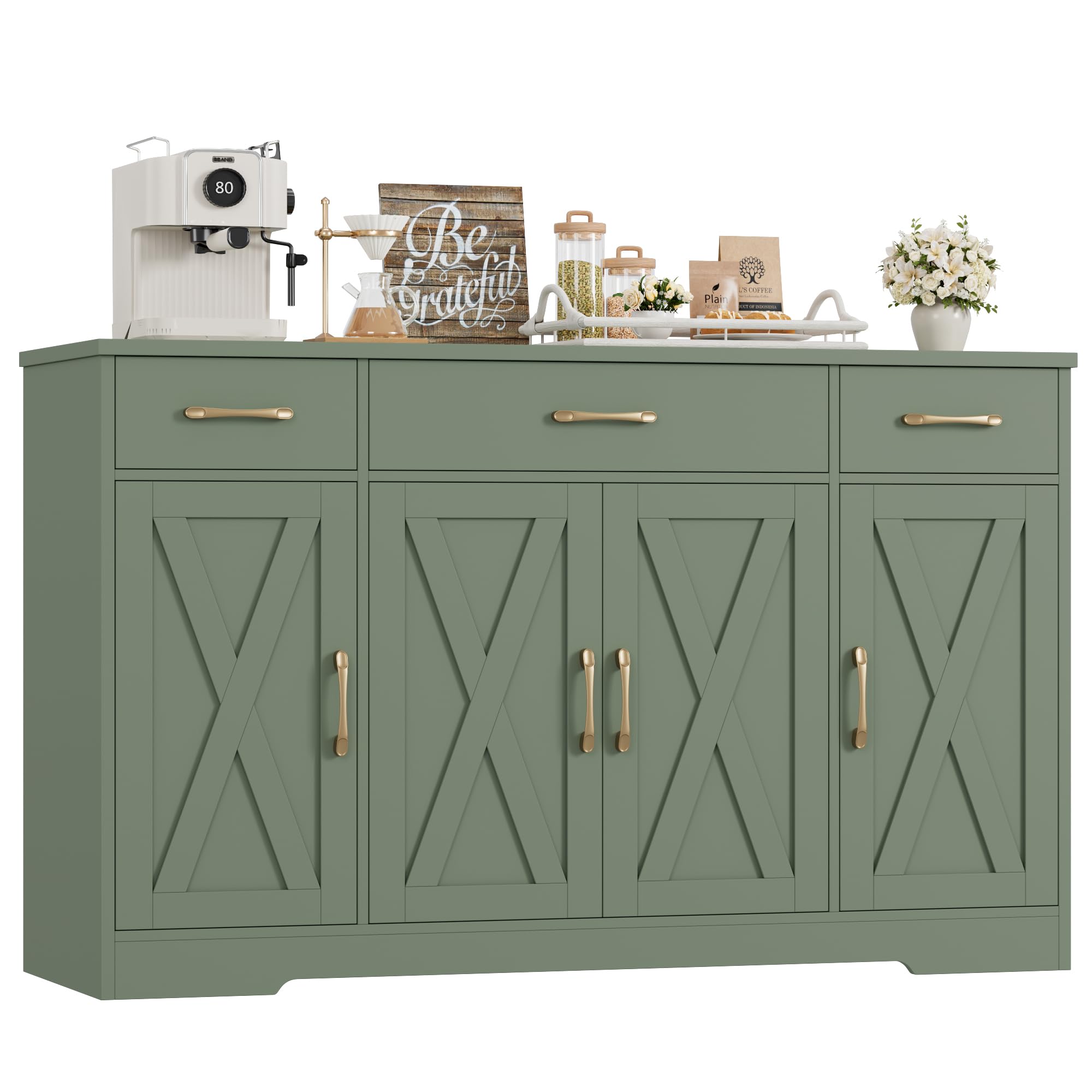 HOSTACK Buffet Sideboard Cabinet with Drawers, 55" Large Buffet Storage Cabinet with Shelves and Doors, Modern Farmhouse Coffee Bar Station for Kitchen, Dining Room, Green
