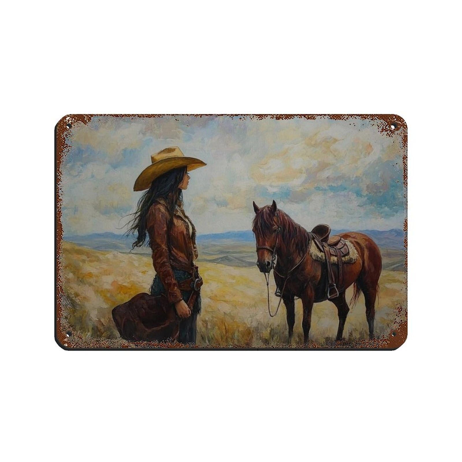 Plaque en métal vintage cowgirl pour créer une ambiance de bar ou de café rétro