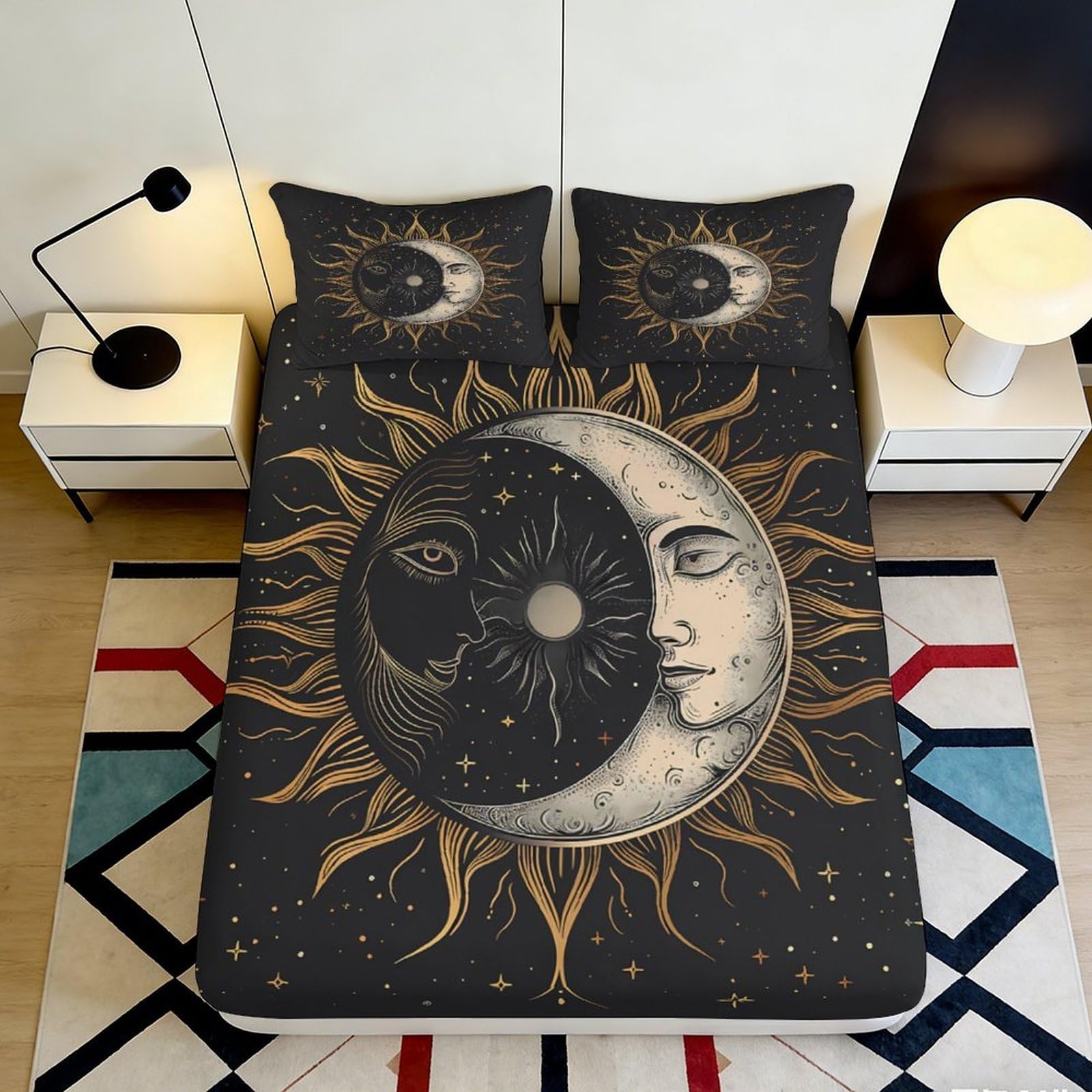 3D Printed Sun Moon Fitted Sheet Microfiber Soft Black Gold Celestial Pattern Mattress Cover Bedroom Dorm Decor 160x200x25cm