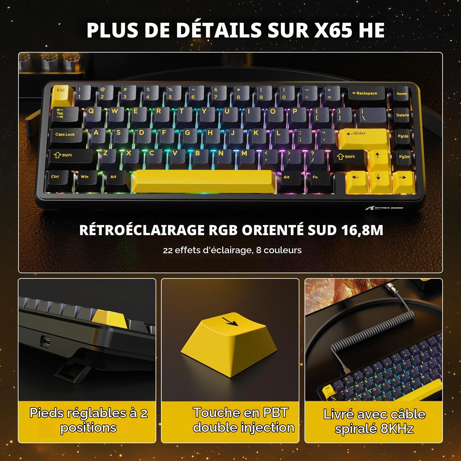MAMBASNAKE Attack Shark X65 HE Clavier à Déclenchement Rapide, Précision RT de 0,01mm, 8KHz, Clavier Filaire à Effet Hall à 60% avec Câble 8 KHz, Actionnement Réglable, Snap Tap, pour PC, Noir étoilé