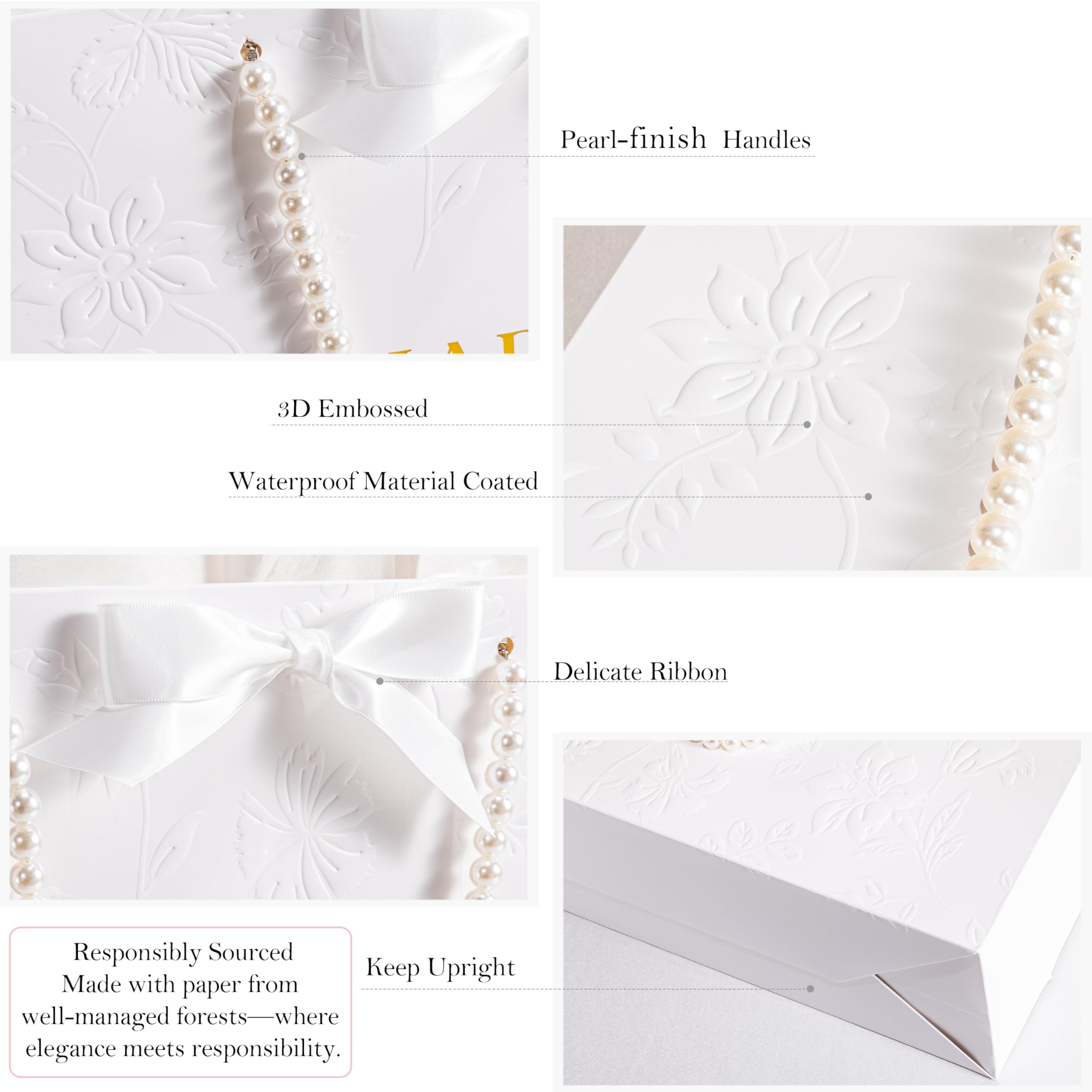 Crisky 13" Embossed Wedding Gift Bag with Pearl Handles, Large Bridal Shower Gift Bag with Greeting Card Tissue Paper Envelopes (Happily Ever After) for Bride, Women, Friends Engagement Party