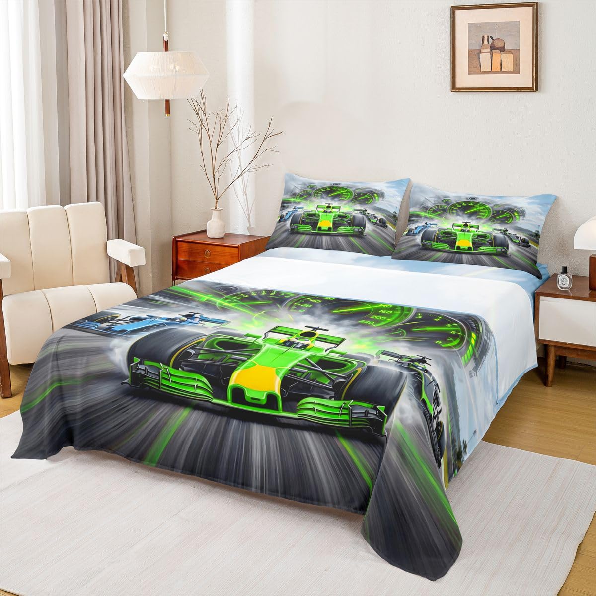 Homewish Zestaw pościeli do samochodu wyścigowego, podwójne prześcieradła na tor wyścigowy, neon, kierowca, chmury, niebo, deska rozdzielcza, zestaw prześcieradeł – terenowe sporty ekstremalne zielone