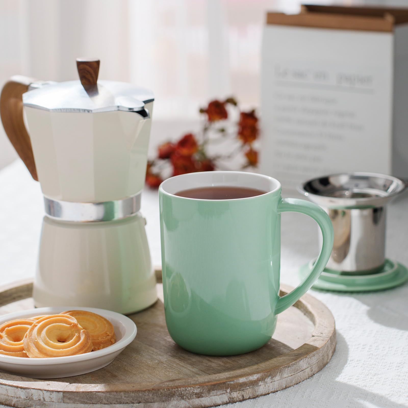 CEEFU Tasse à thé en porcelaine avec infuseur et couvercle, avec filtre et dessous de verre, tasse à thé en vrac, 473 ml, pour thé, café, lait, femme, bureau, maison, cadeau (Vert menthe)