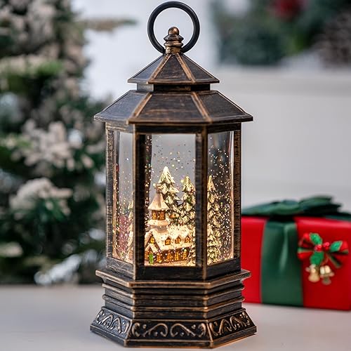 Miniatura 14 de Duendes de Navidad con luz de globo de nieve, escena de árbol de Navidad caprichosa de Santa y elfo, linterna de agua musical de nieve brillante