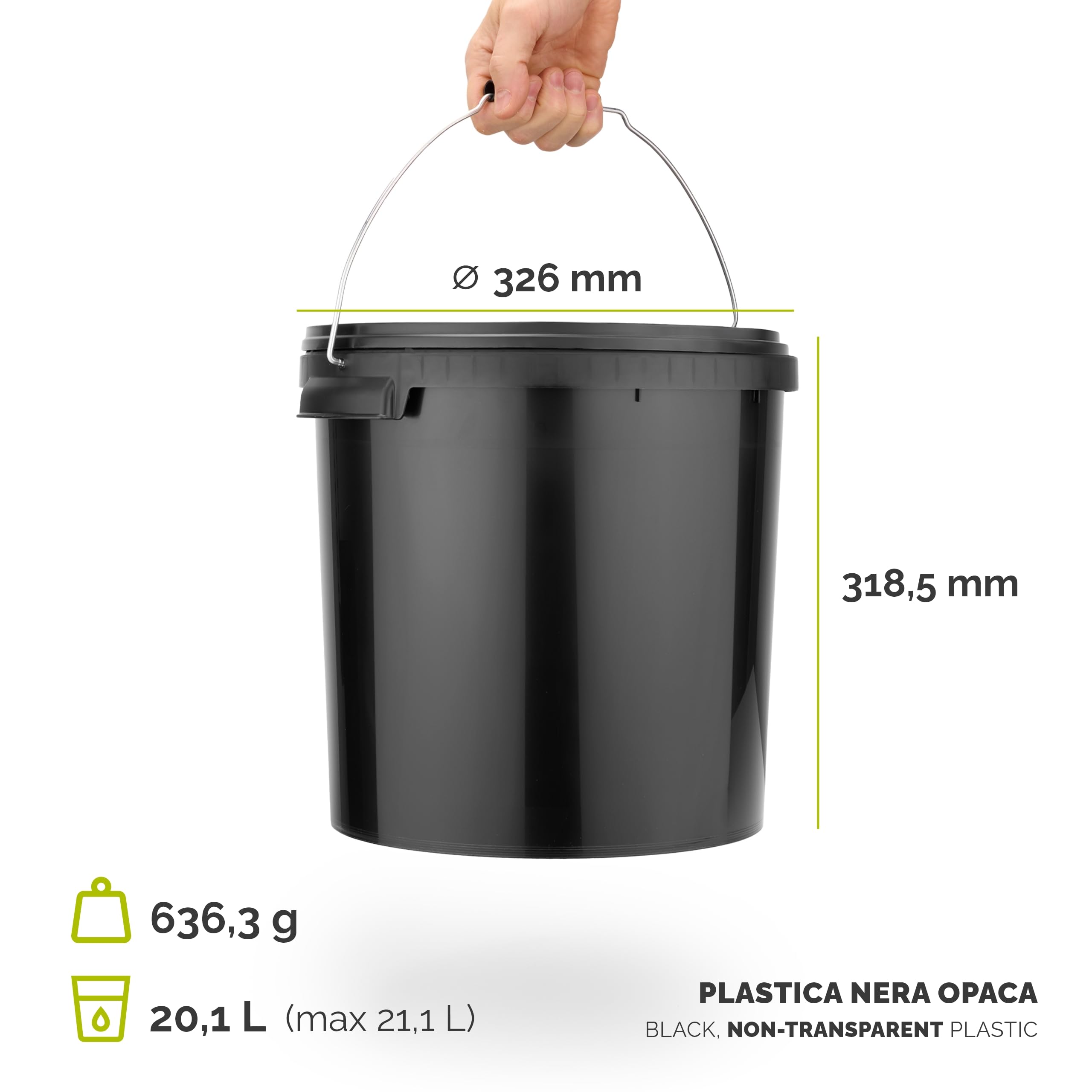 Garronda Secchio di plastica con Coperchio 20 L per la conservazione di Prodotti Alimentari e chimici Contenitore Plastica con Coperchio GD-0116 Nero 5 Pezzi