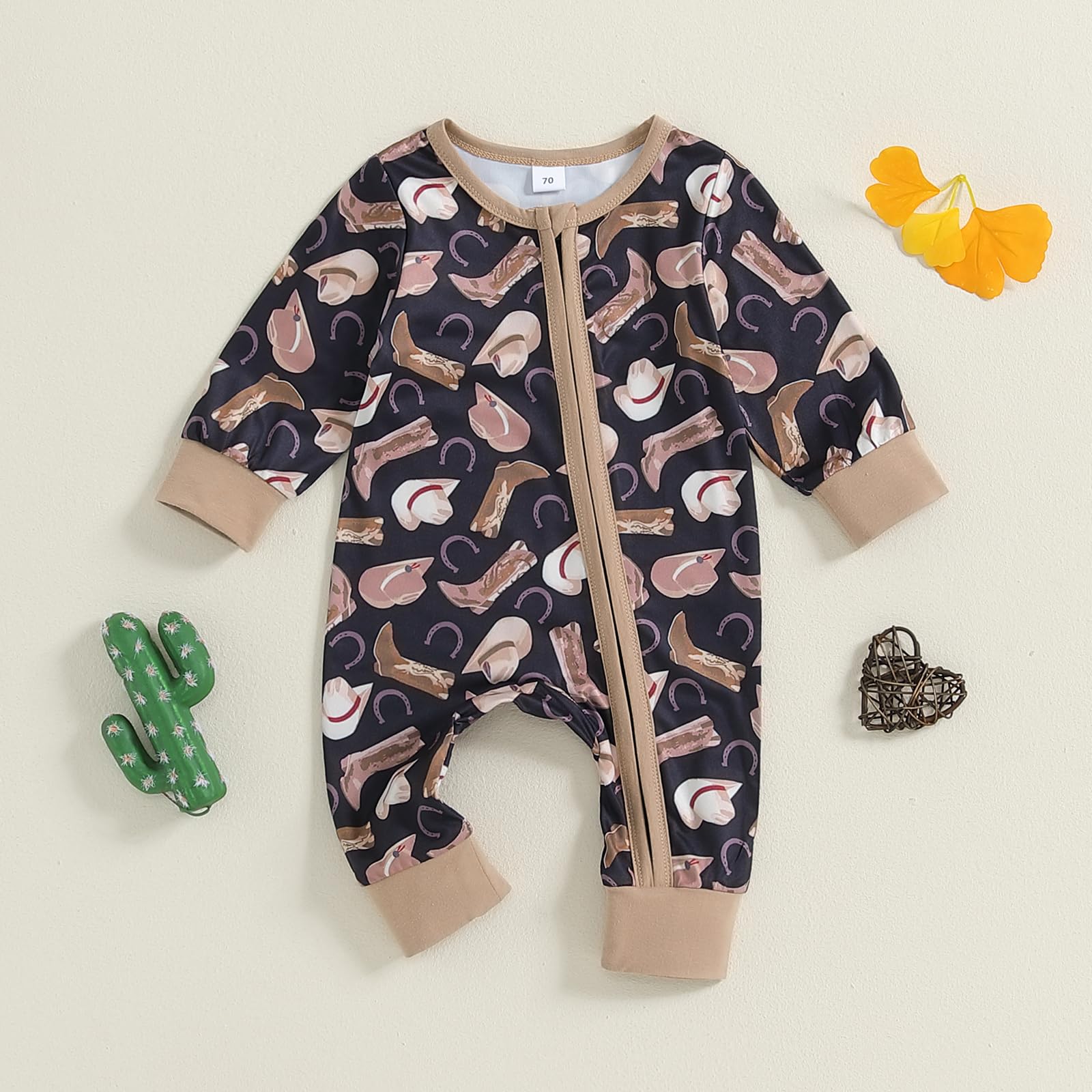 Gaono Western Cowboy Baby Clothes Newborn Boy Girl Romper Cow Print Long Sleeve Zip-Up Jumpsuit Bodysuit One Piece Outfit (J-Black, 0-3 Months)