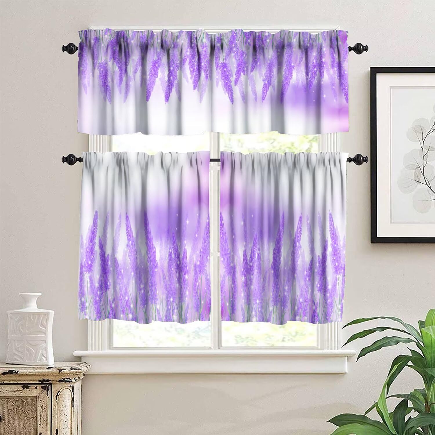 Lavender Floral Valance Purple Lavender Flower Graffiti Watercolor Painting Valance Curtain for Kitchen Dining Room Canteens Home Decor with Rod Pocket 54''x18''+27''x36''x2（3 Piece）, Style-5