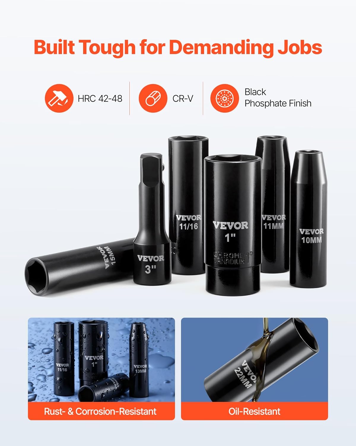 VEVOR 1/2" Drive Impact Socket Set, 29-Piece Deep Sockets Standard SAE (3/8 to 1 inch) and Metric (10 to 24 mm) Size, 6 Point, CR-V Steel, Extension Bars (3", 5", 10") - Image 2