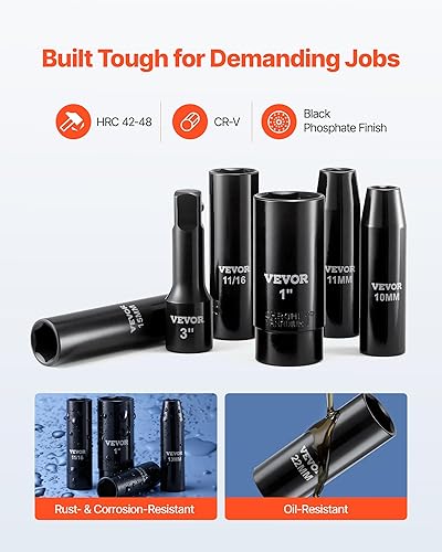 Miniatura 55 de VEVOR Juego de dados de impacto de 3/4 pulgadas, 29 piezas, enchufes de 6 puntos, construcción resistente, CR-M0, juego de llaves de vaso de 3/4