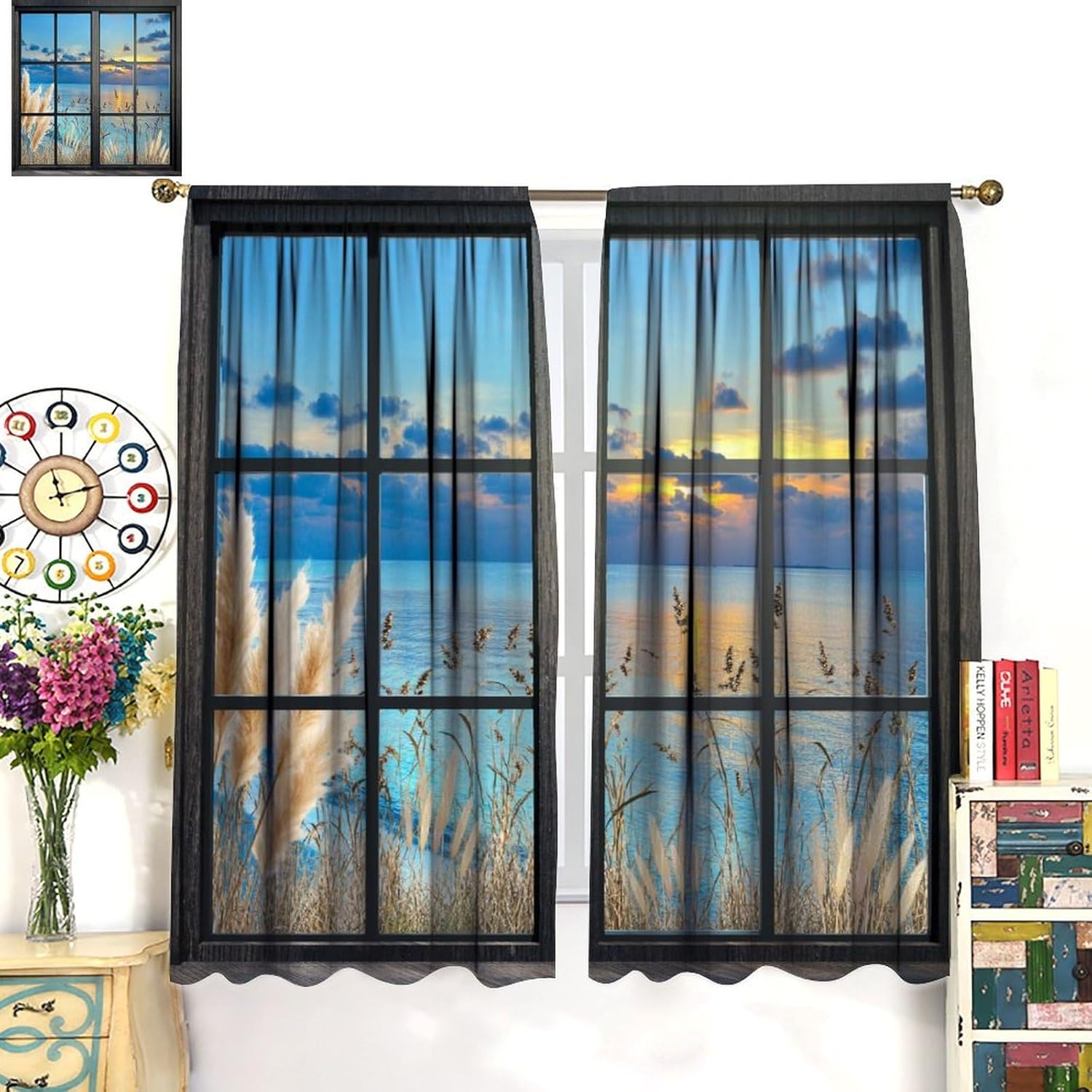 Beach Coastal Seaside Window Curtain Ocean Hawaiian Sea Sunset Reed Beach Glass Door Scenery Rustic Landscape Polyester Window Treatments for Bathroom Kitchen Home Drapes 2 Panels, 84x84 Inch