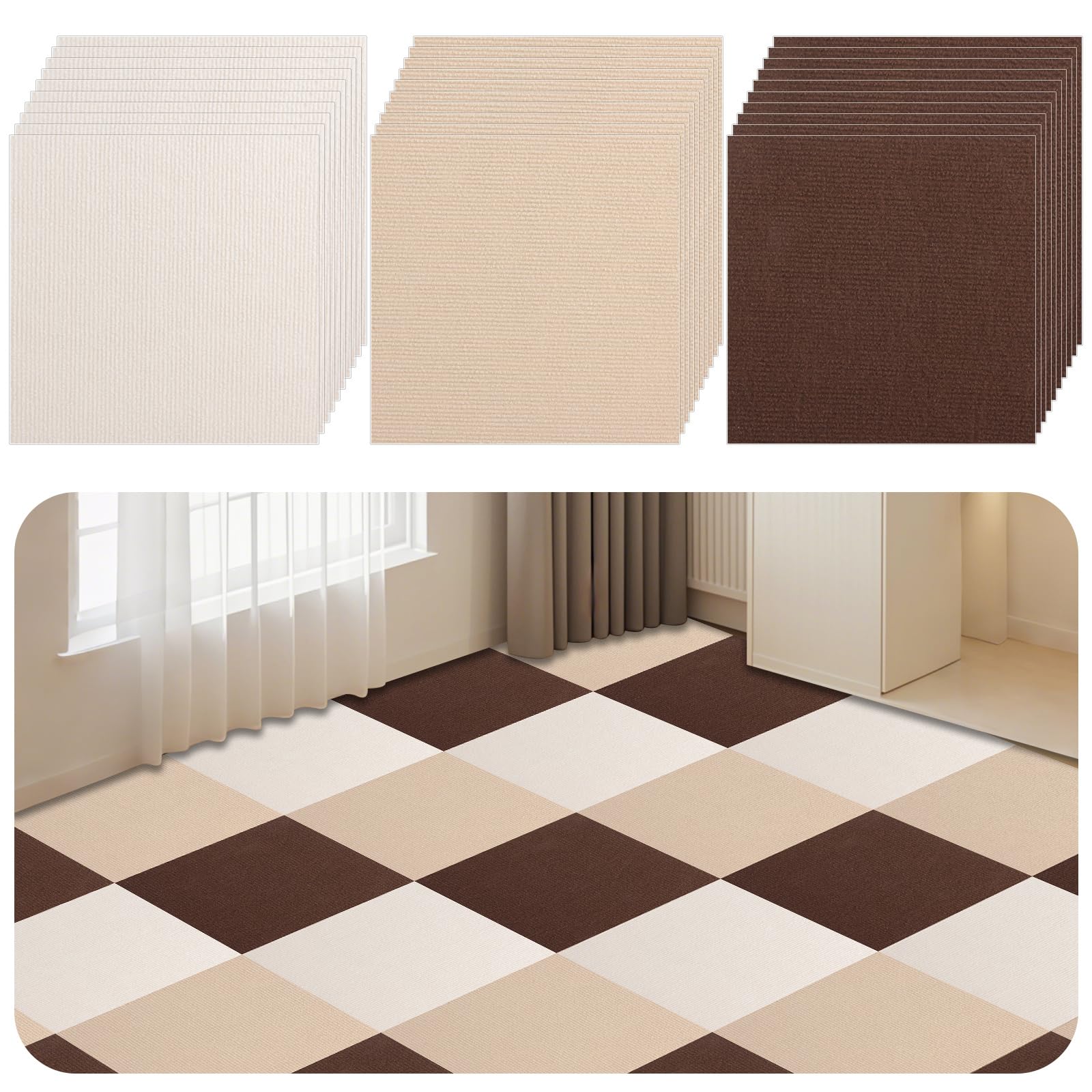 Selbstklebende Teppichfliesen, 30 Stück, 30 x 30 cm, rutschfeste Quadrate, Bodenbelag für Schlafzimmer, Wohnzimmer, Büro – 3 Farben zum Abdecken von Flecken