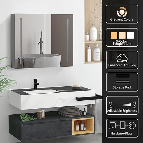 Miniatura 5 de Vacolitel Botiquín de baño de 40 x 30 pulgadas con espejo LED, armario de baño regulable de 3 colores montado en la pared con estantes de