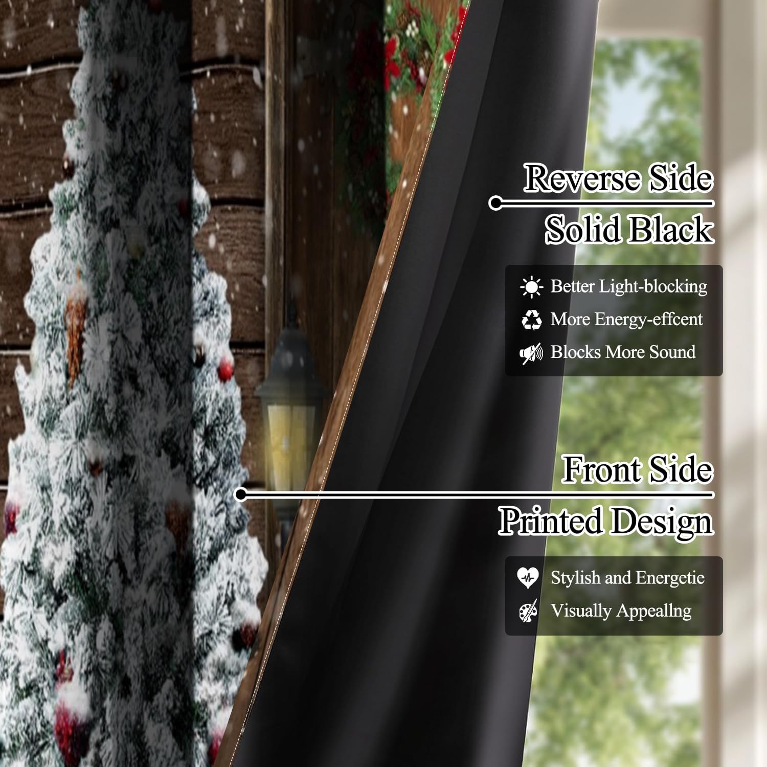 Christmas Blackout Curtains for Living Room Wood Barn Xmas Tree Wreath Black Out Curtain Panels for Bedroom Gifts Santa Grommet Thermal Insulated Room Darkening Window Drapes,52x84 inch, 2 Panels