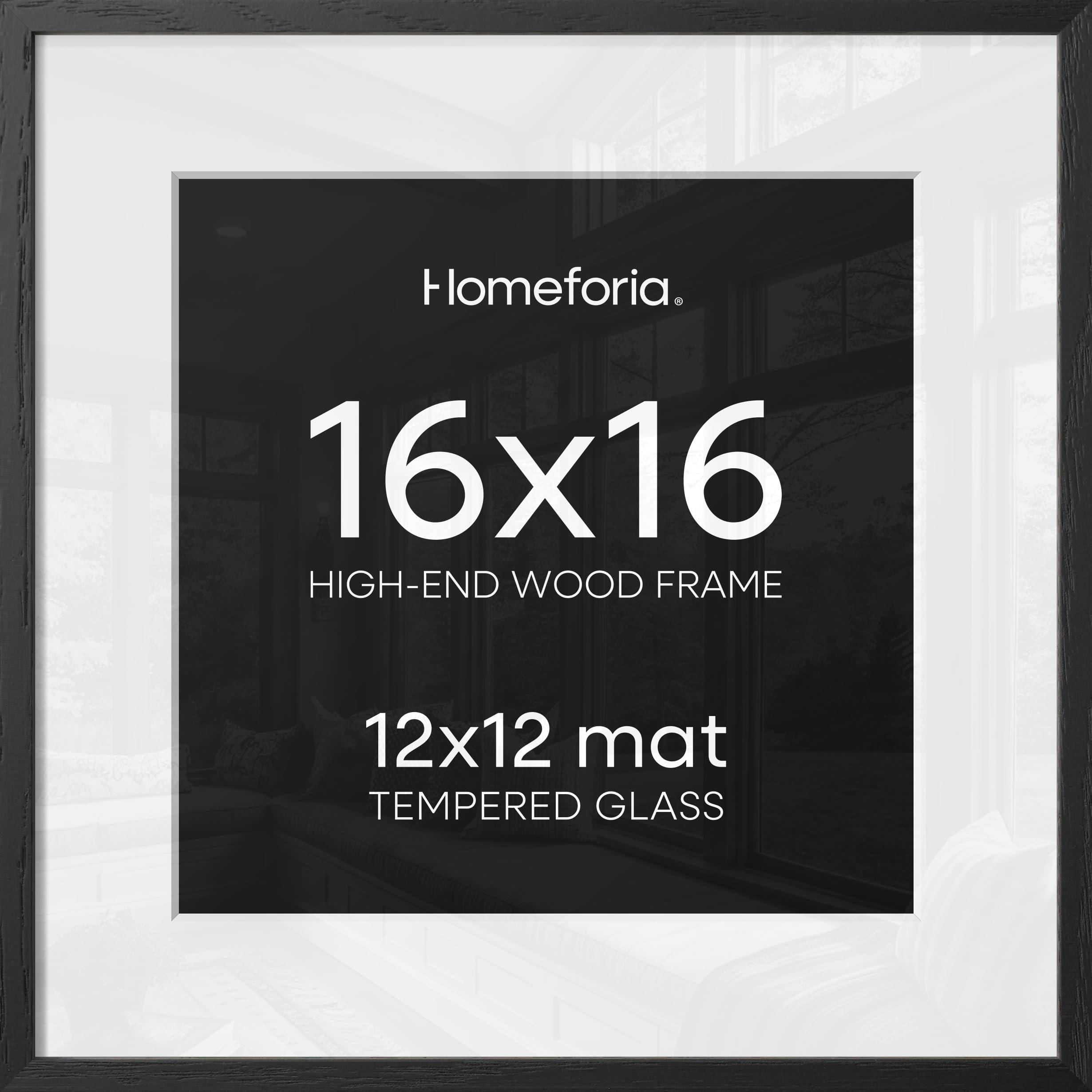 Homeforia 16x16 Black Wood Frame, High End Oak 16 x 16 Square Picture Frames with Mat 12 by 12 inches Photo, 16by16 Black Wooden Poster Frames Matted to 12x12 Print, Tempered Glass, Wall Kit, Set of 2