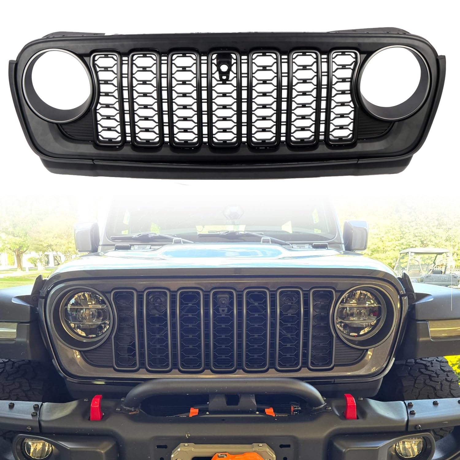 HIGH FLYING 20th Anniversary Style Front Grille Grid Grill Guard With Camera Hole for Jeep Wrangler JL 2018-2024 Gladiator ABS Matte Blackout (With Camera Hole)