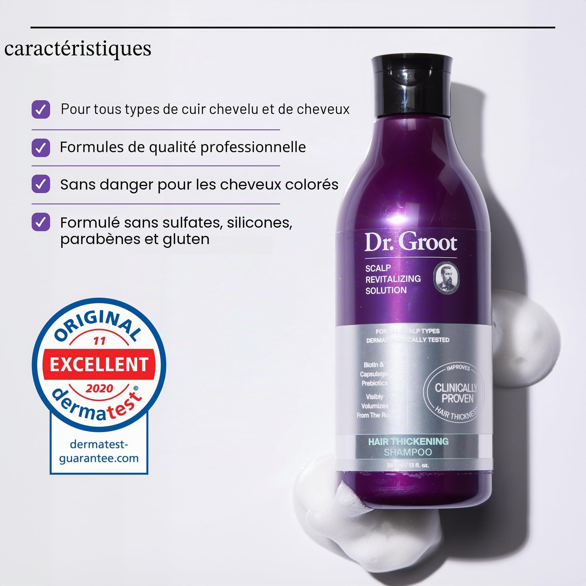 Dr. Groot Solution revitalisante pour le cuir chevelu | Shampoing épaississant Aide cliniquement à volumiser visiblement les cheveux fins, abîmés ou secs, 385 ml