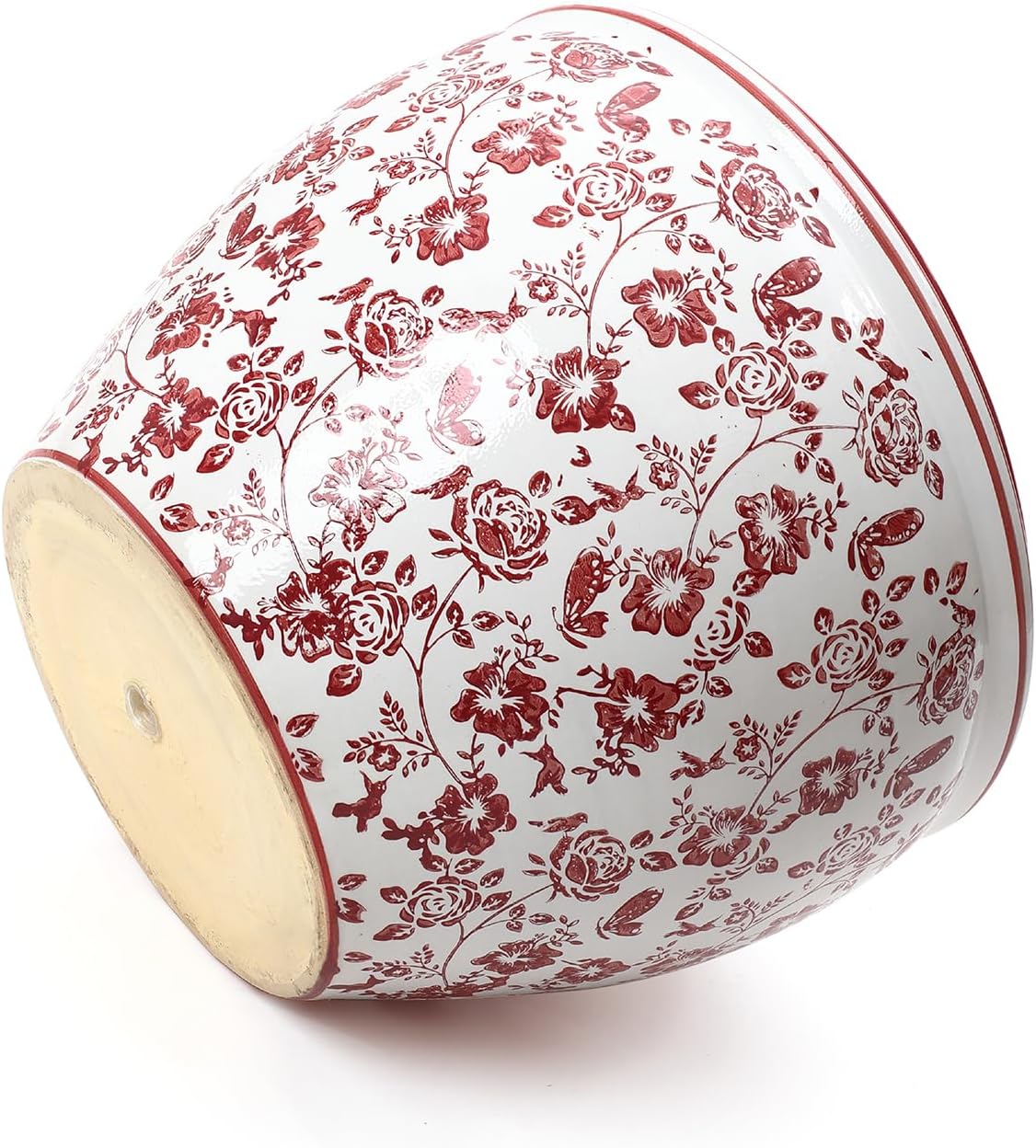 LuxenHome 12" Dia Round Ceramic Pots for Plants, Modern Red Floral Glazed Planters Pots with Drainage Holes and Rubber Plugs, Large Outdoor Indoor Decorative Flower Pot for Home Garen Patio Porch