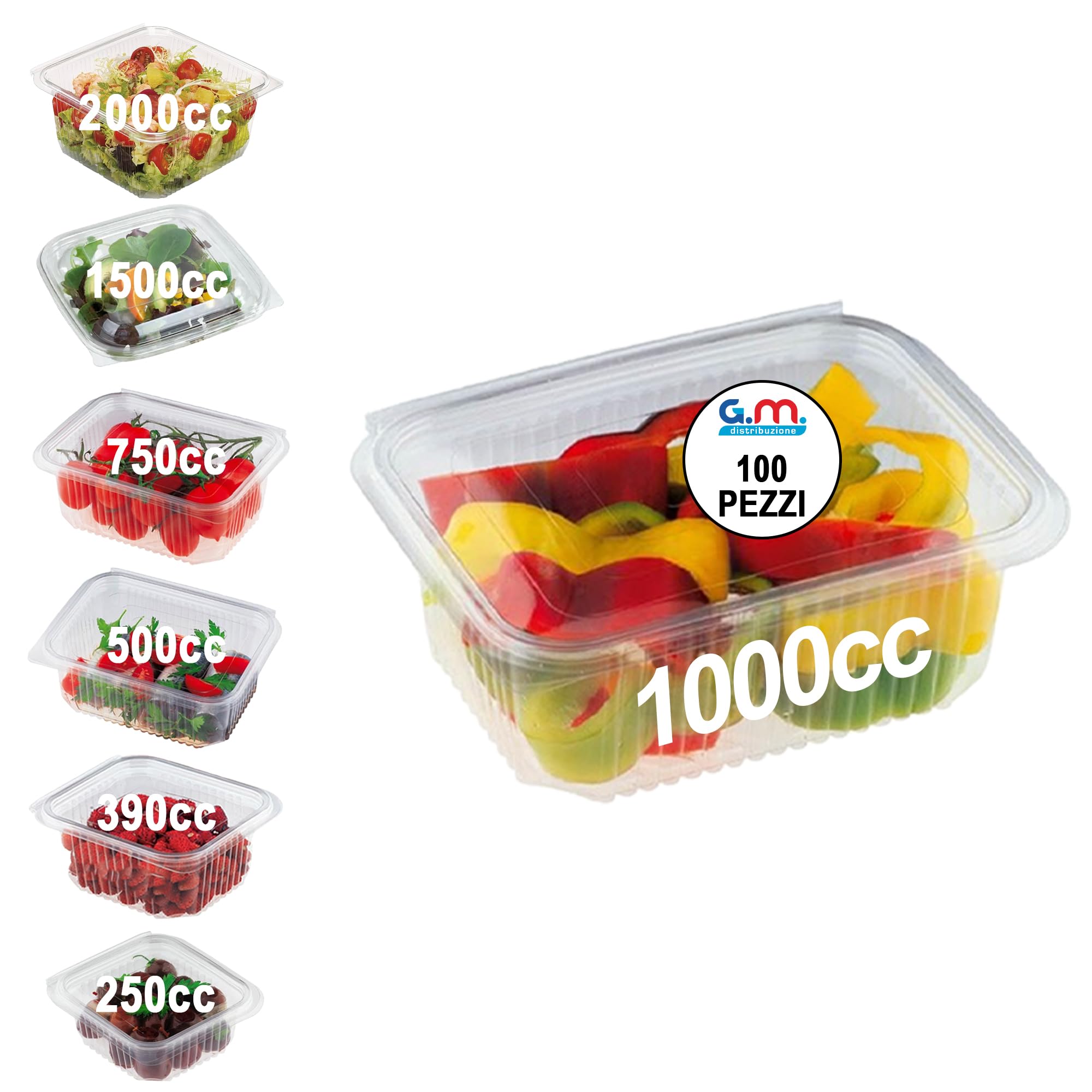 GM 100 Vaschette Quadrate Trasparenti 250cc Con Coperchio Ermetico – PET Monouso – Made In Italy