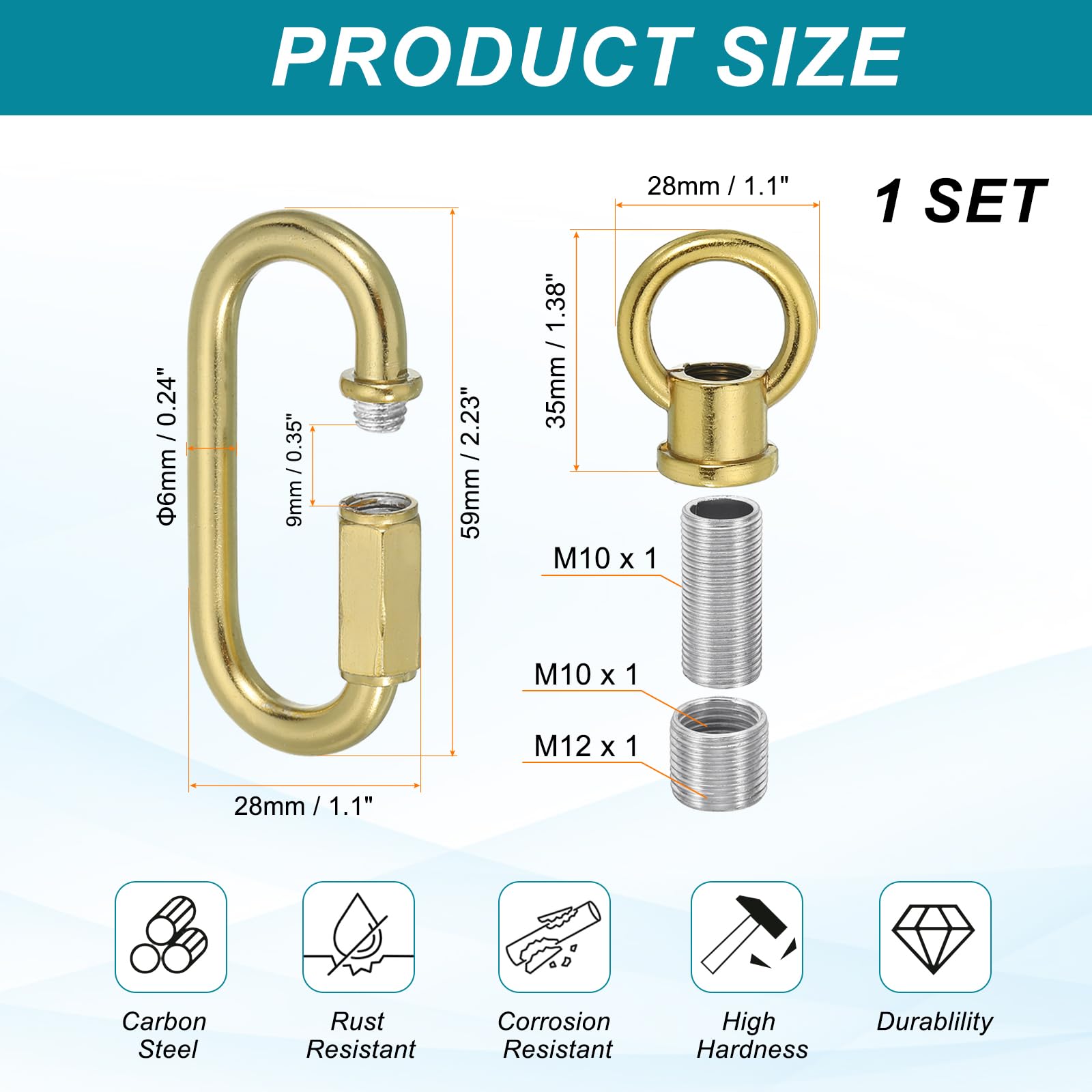 PATIKIL M10 Fine Thread Lamp Female Loop Holder with M12 Adapter Chain Quick Link, Lifting Eye Nut Hook Ring Structural Support to Chandelier, 132 lbs Load Copper