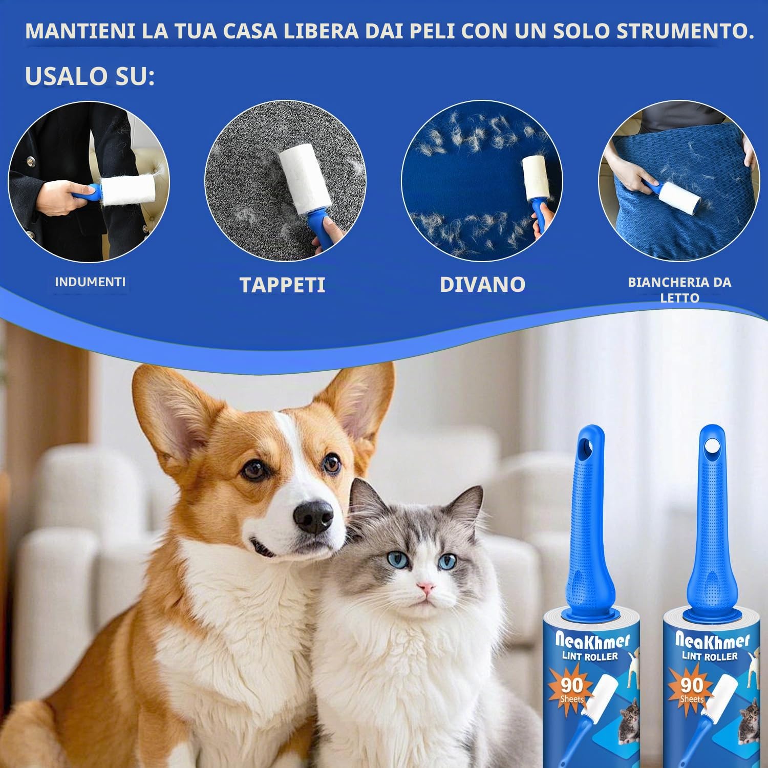 Rotolo di lanugine per peli di animali – Confezione da 5 pezzi da 450 fogli – Easy Peel – Rotoli di lanugine per vestiti e mobili