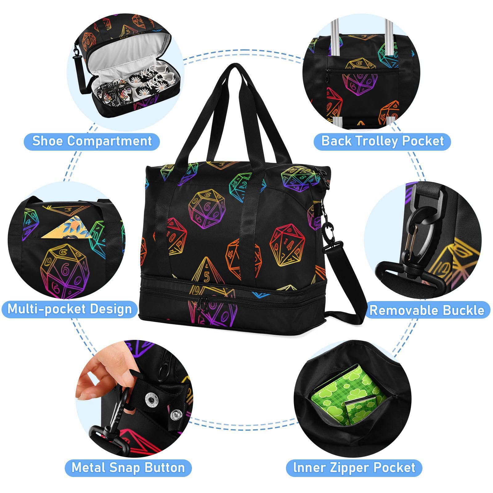 Sac de voyage coloré dégradé de dés avec poche humide sangle réglable sac fourre-tout pour randonnée multifonction pour homme et femme