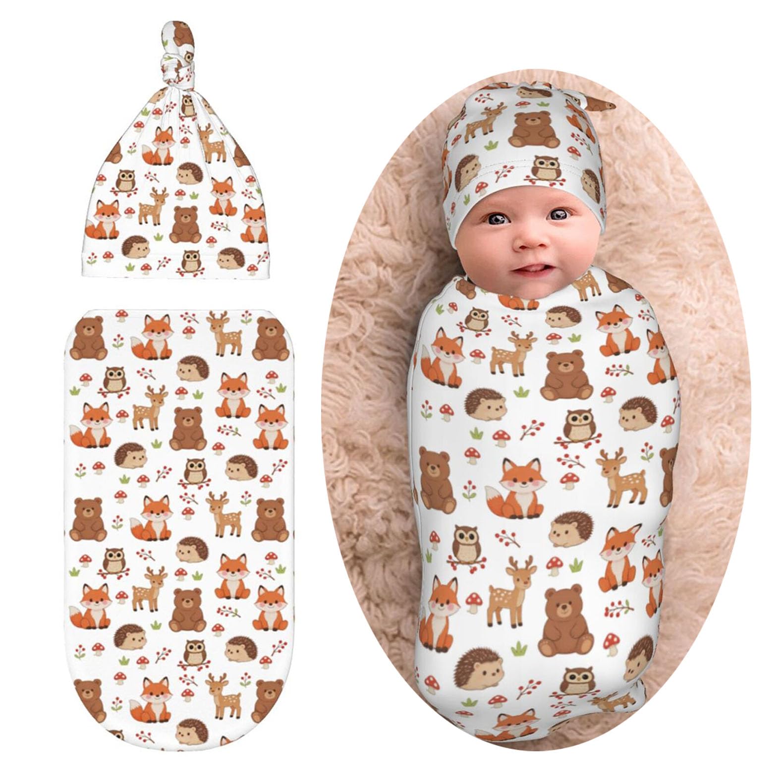 Hedgehog Fox Bear Deer Newborn Baby Swaddle Blanket Woodland Theme Baby Stuff,with Beanie hat Sets, Soft Gifts for Unisex Boys Girls Shower Infant
