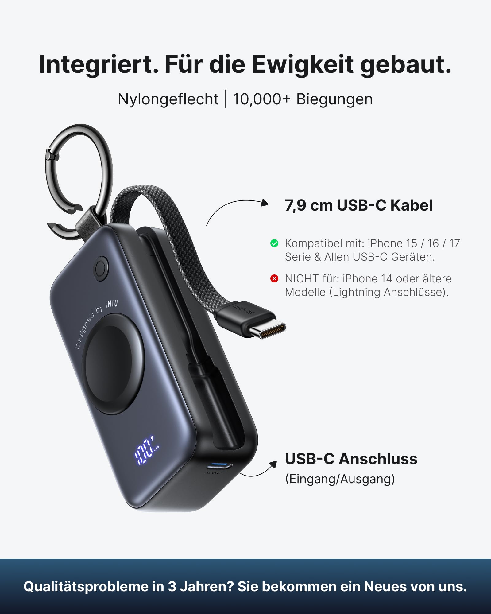 INIU Power Bank, Mini Powerbank für Apple Watch and iPhone mit USB-C Kabel, 5000mAh 20W Tragbare Externe Handyakkus, Uhrenständer Reise Gadgets Flugzeug für Apple Watch Ultra 11 10 9 SE, iPhone 17 16