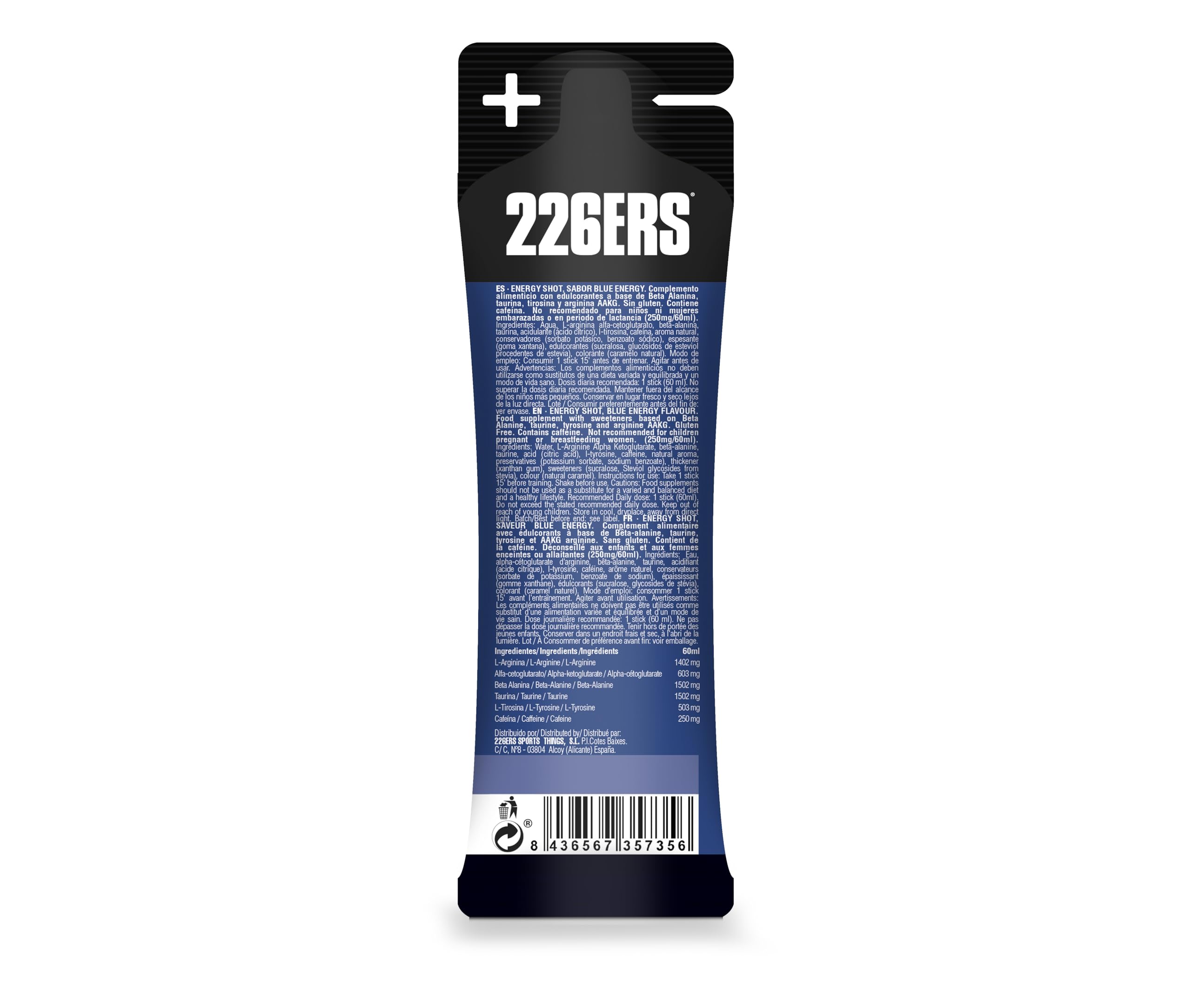 226ERS - Energy Shot Extreme Sabor Blue Energy 60 ml, Suplemento Alimenticio, con Beta Alanina, Taurina y Arginina, con Cafeína, para Activación Antes o Durante el Ejercicio
