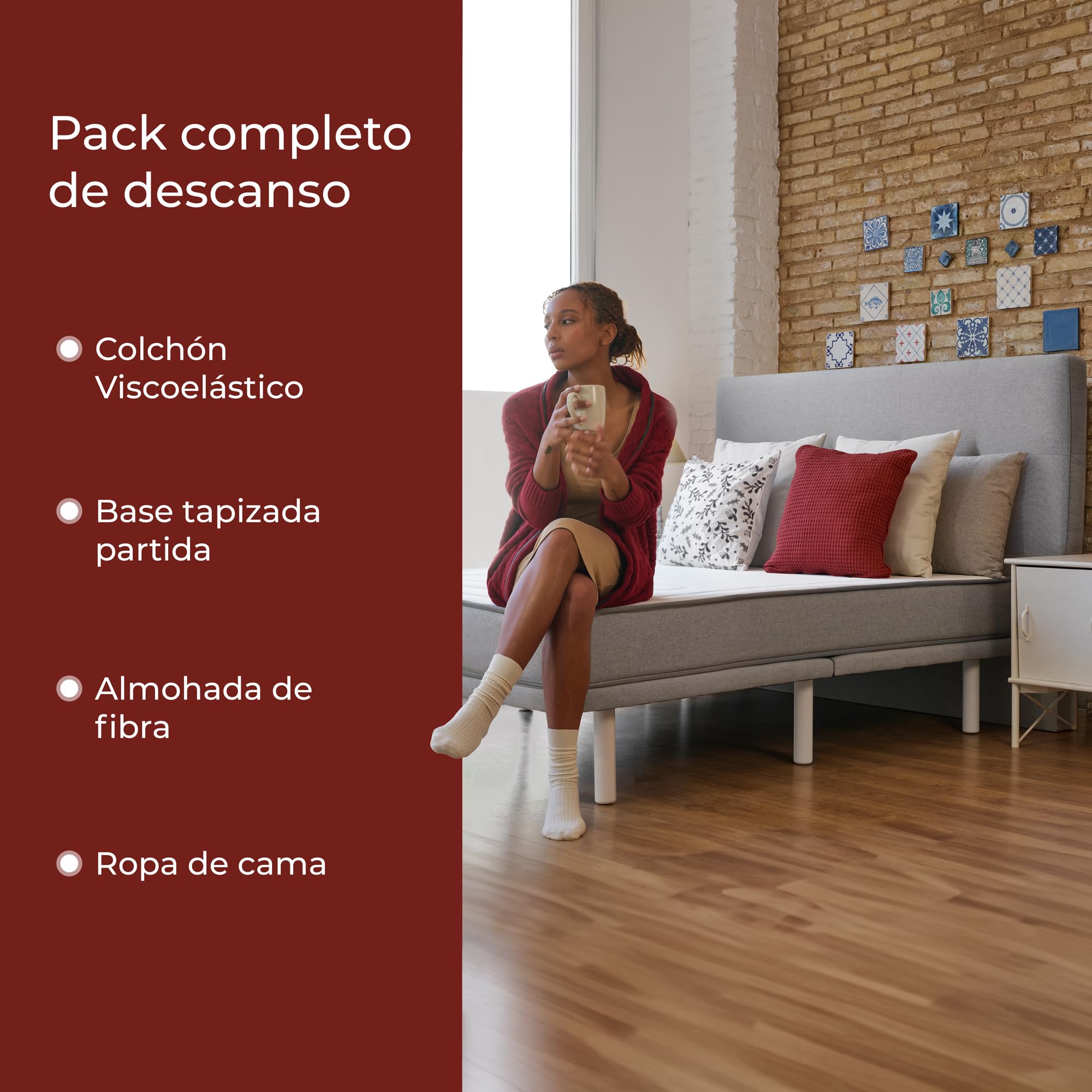 MAXCOLCHON Pack Universitario de Descanso Completo con Colchon Viscoelastico y Base Tapizada Partida para Dormitorios de Estudiantes, Incluye Almohada y Ropa de Cama Blanca, Gris (135x190 cm)