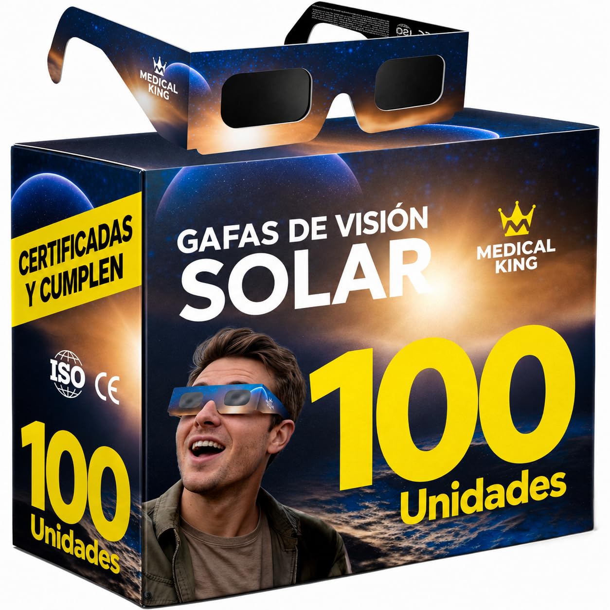 Medical king Gafas Eclipse Solar Homologadas ISO 12312-2 - Viene Con 2 Lentes Fotográficos Para Smartphone Aprobados según la norma ISO, con certificación CE: Gafas para ver eclipses solar 2026