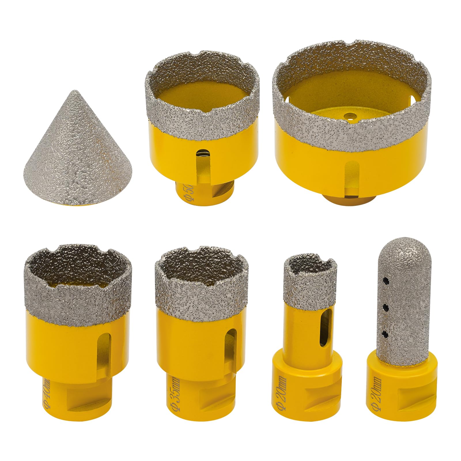 Diamentowe koronki wiertnicze, zestaw 7-częściowy, diamentowe wiertła do płytek z aluminiową skrzynką narzędziową 20/35/40/50/68 mm, diamentowe wiertło palcowe 20 mm, wiertło fazowe 50 mm