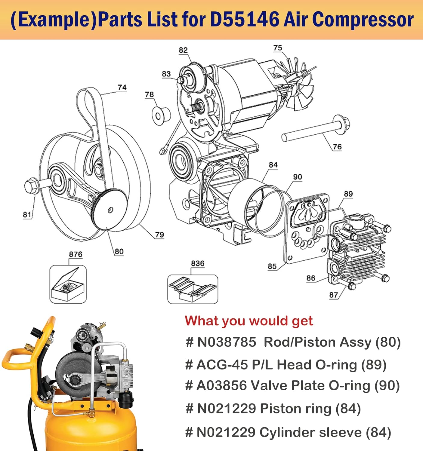 N038785 Air Compressor Piston Rod Assembly Kit For Dewalt D55146 D55167 D55168, and For Craftsman 919-167600, 919-167610 Air Compressor Cylinder Repair Kit (2-7/8" Bore Cylinder)