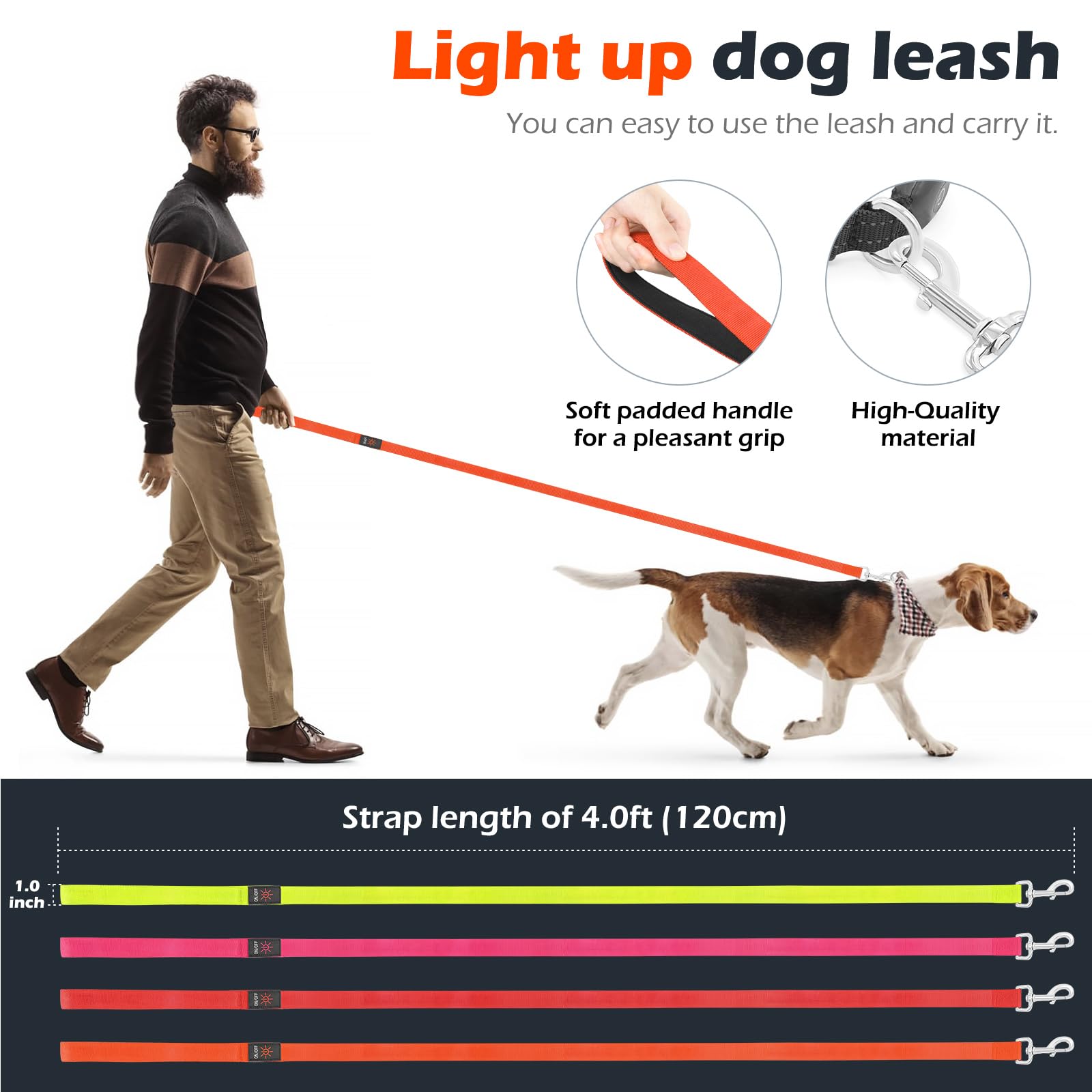 Correa LED para perro, correa de nailon recargable micro USB, correa de seguridad estándar para perros de 4 pies (naranja)