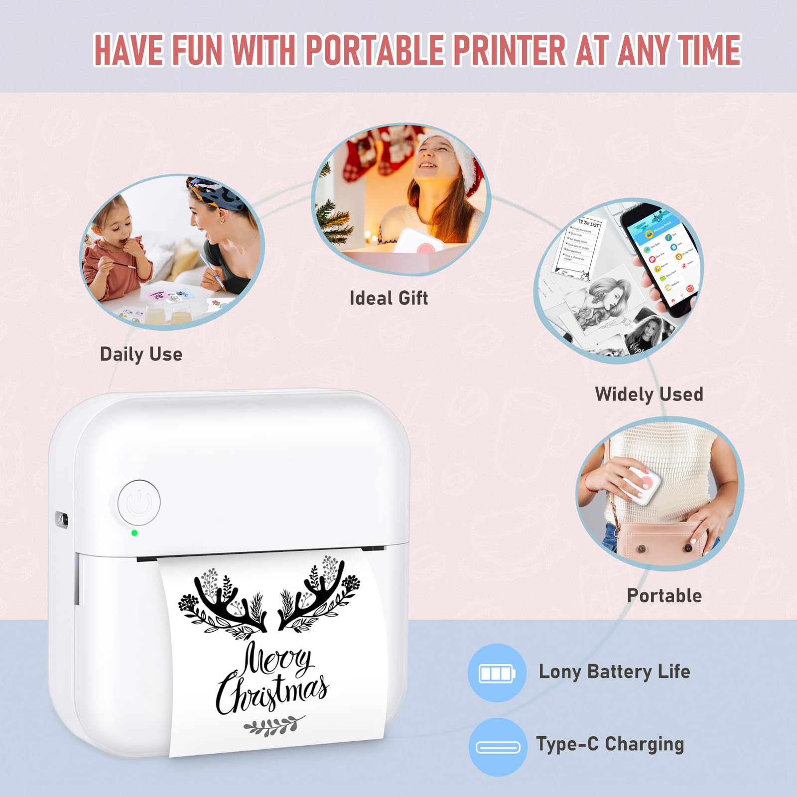 Mini stampante termica portatile Bluetooth tascabile con 10 rotoli di carta per diario/album fai da te/viaggio/appunti/elenchi/etichette/promemoria, stampante per ricevute per bambini, donne