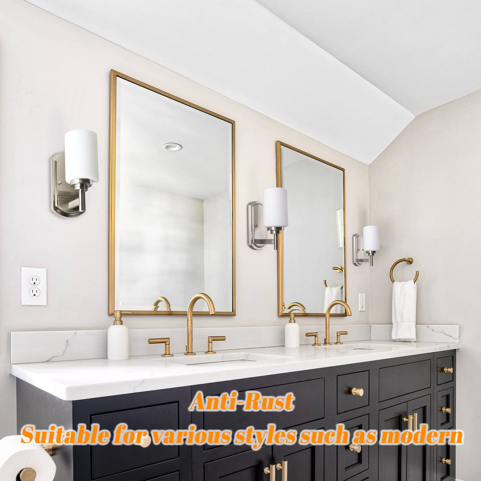 Apsekoka 2-Pack Bath Vanity Wall Light Fixtures, Indoor Bathroom Wall Sconces Lamps with Brushed Nickel Finish and White Frosted Glass, Bathroom Sconces Wall Lighting for Mirror Entryway Bedroom