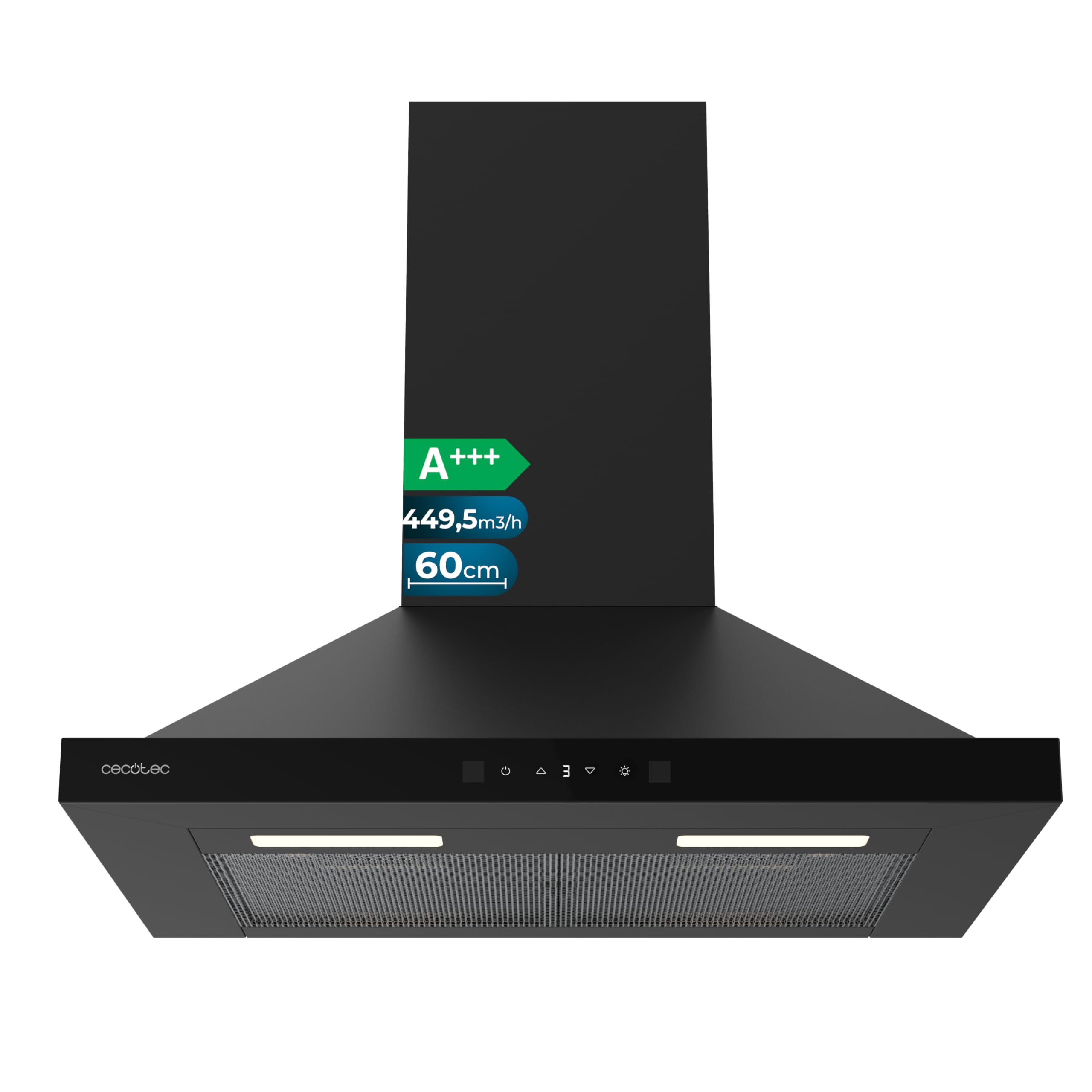 Cecotec Campana Extractora Piramidal 60 cm Bolero Flux PT 604400 Black A+++. Cristal Frontal en Negro, Succión 449,5 m³/h, Control Táctil Invisible, Función Booster, Filtros Lavables, Clase A+++