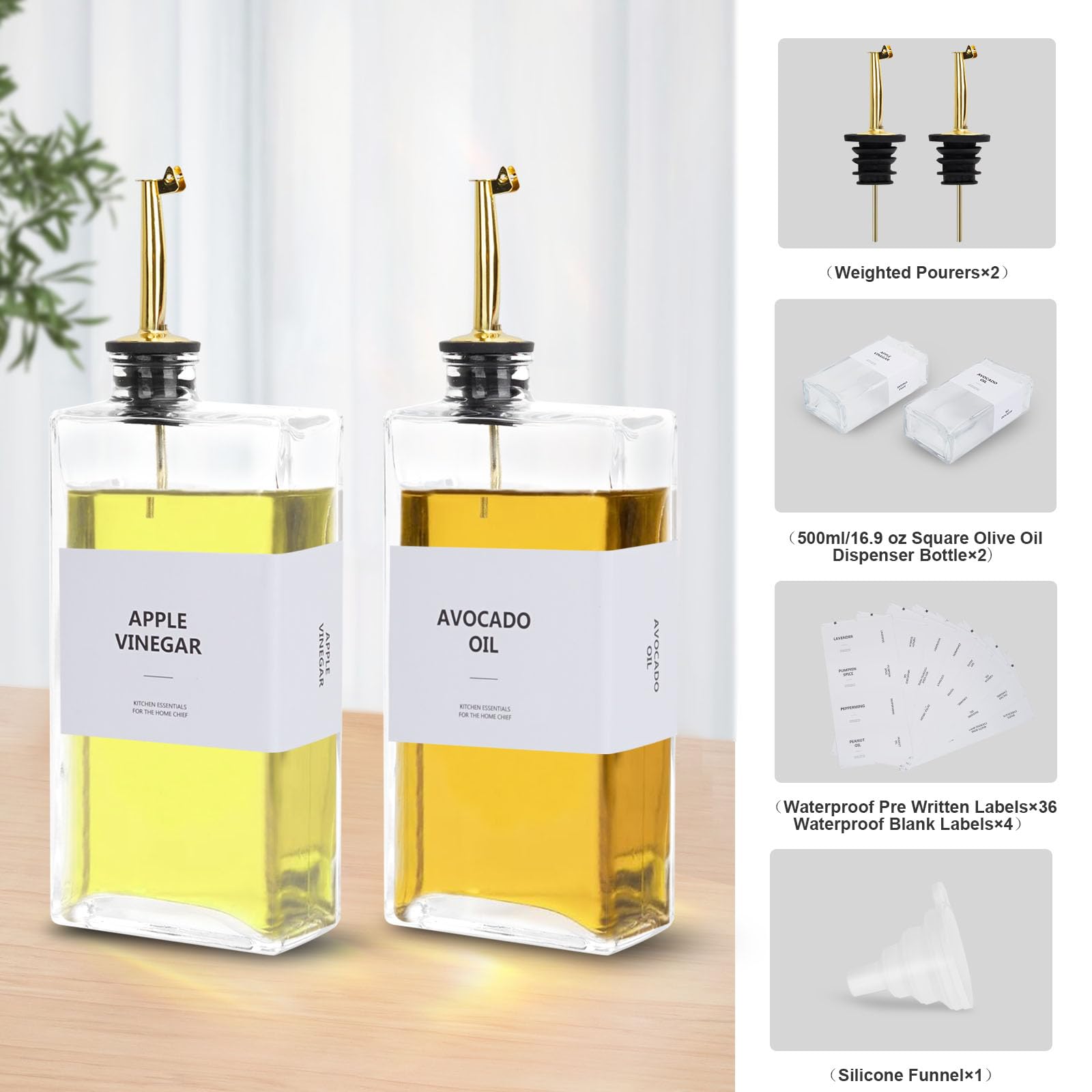 Lot De 2 Distributeurs D'Huile D'Olive En Verre 500 Ml – Becs Verseurs Dorés Lestés, 40 Étiquettes Imperméables + Entonnoir – Cuisine Élégante