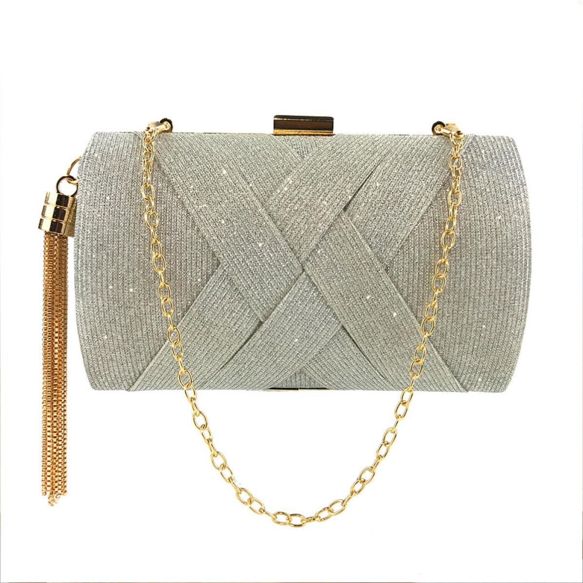 Dorado Bolso de Noche para Mujer de Satén Borlas Elegante