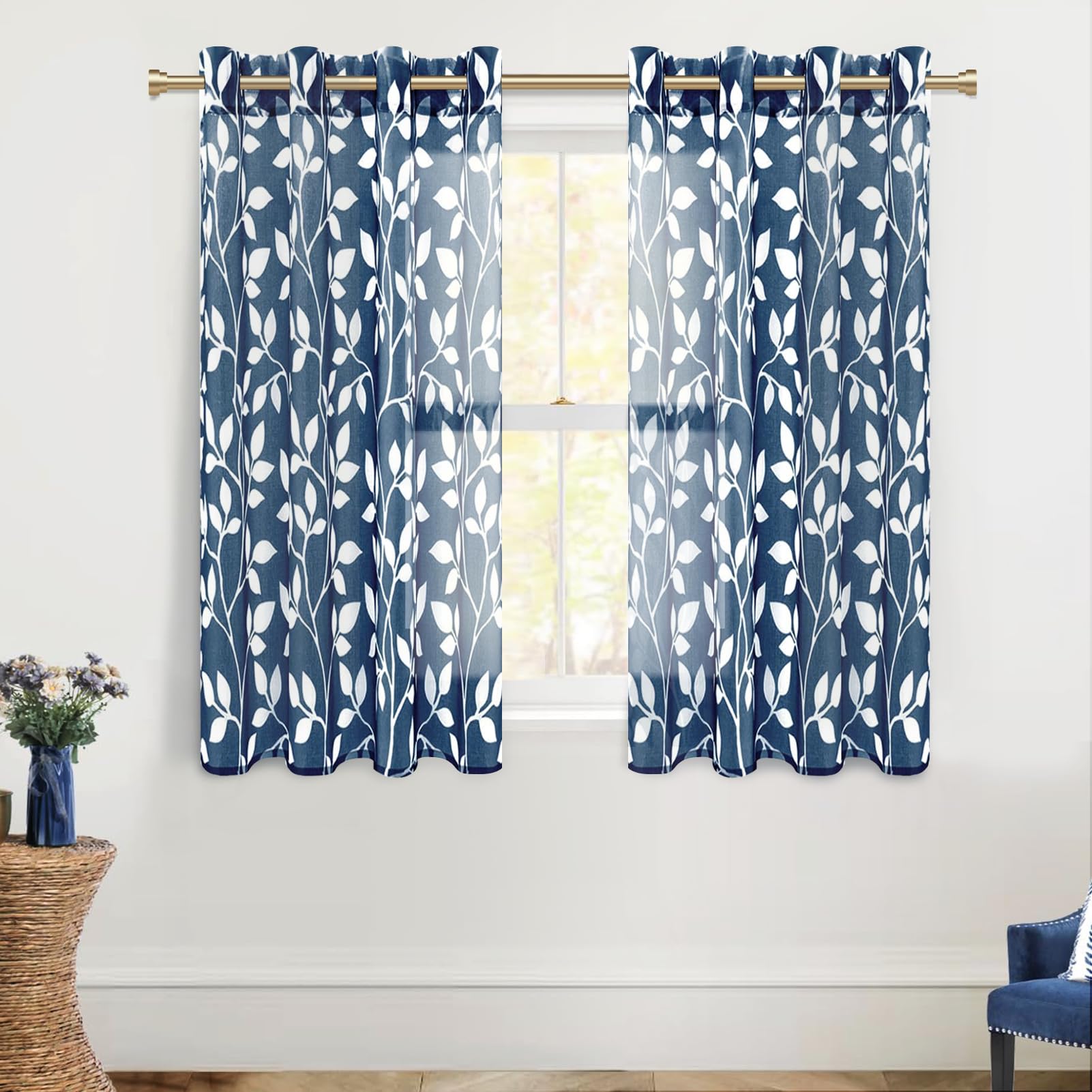 MRTREES Cortinas Dormitorio Juvenil Cortas para Ventanas 140x160 cm, Cortinas Salon Modernas Estampadas con Hojas 2 Piezas Cortina Visillo Comedor Transparente con Ojales, Azul Marino Global Recycled Standard Global Recycled Standard Global Recycled Standard